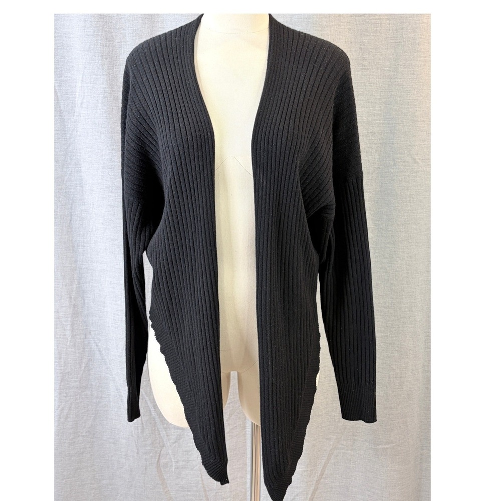 Autumn Cashmere Black Ribbed 100% Pure Cashmere Open Front Cardigan Sweater L